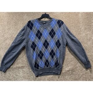 Mario Gilberti Italian Argyle Merino Sweater V-Neck Pullover Gray Blue XL